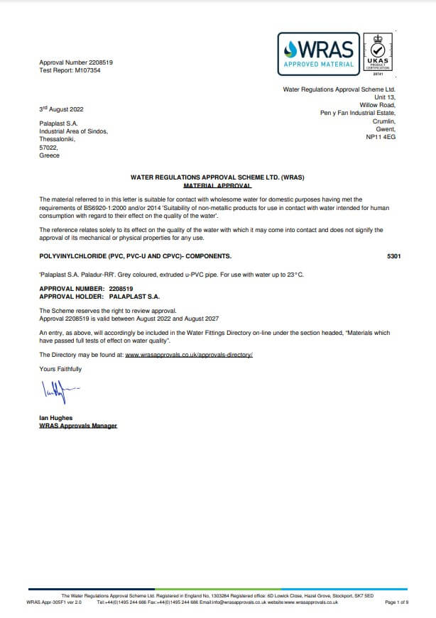 WATER REGULATIONS APPROVAL SCHEME – 2208519 – PALAPLAST S.A.